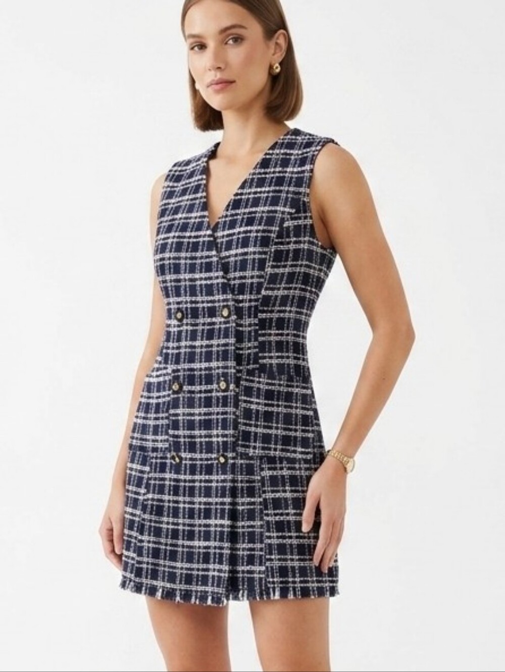 Blush Mark Navy White Tweed Sleeveless Vest Mini Dress Double Breasted Size S